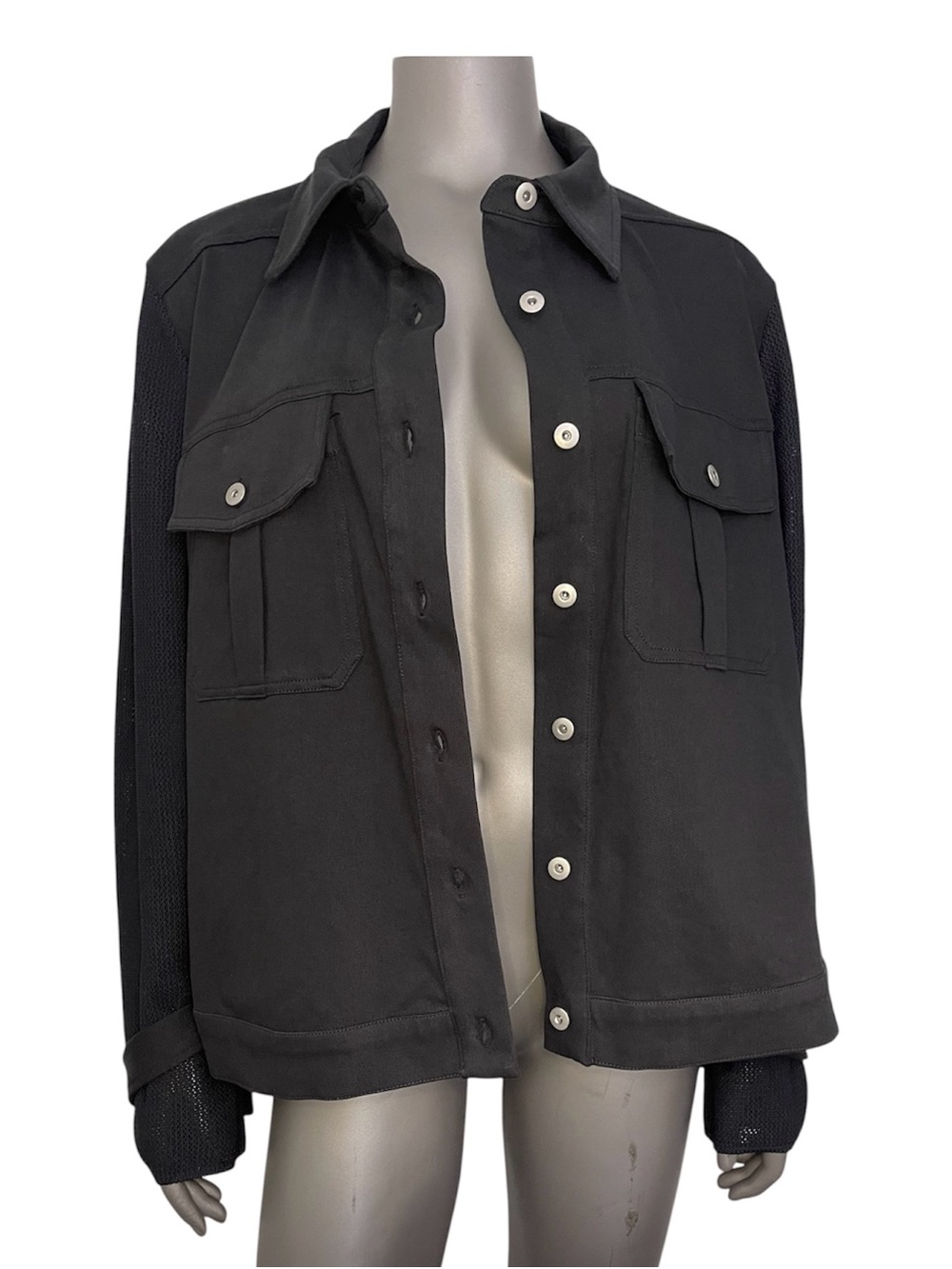 Grey By Jhoan Sebastian Grey Woman’s 2X Knit Denim Moto Jacket Black Mesh Sleeve - Picture 2 of 12